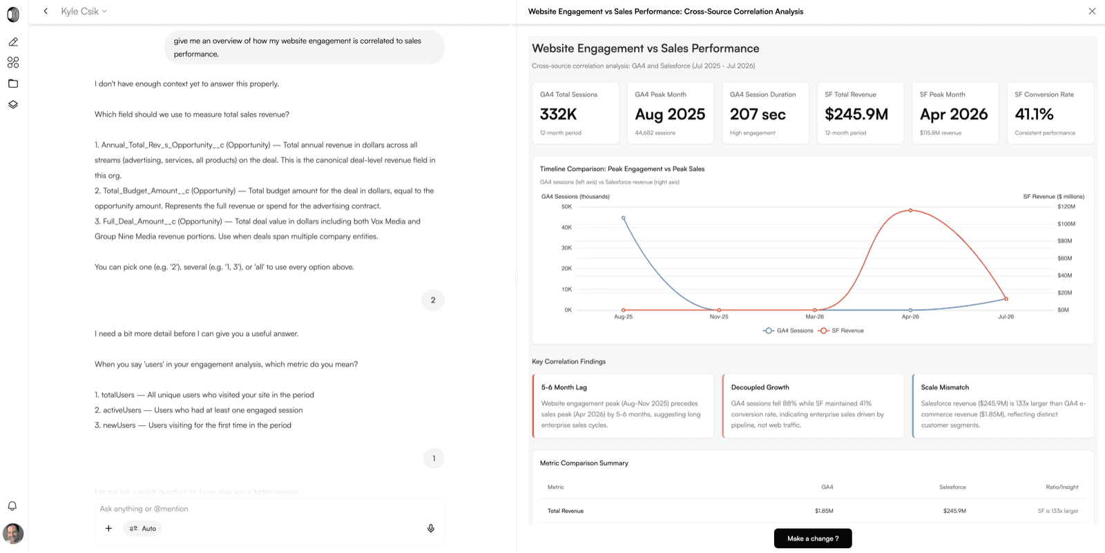 Adaly clarifying which revenue field and user metric to use, with numbered choices